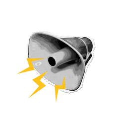 Industrial loudspeaker - halftone collage grunge 3d megaphone announcing crazy promotions. Doodle lightning elements for retro mixed media design. 90s Advertising sticker. Vector illustration.