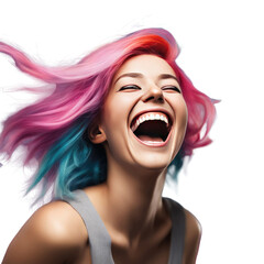 Wall Mural - happy young woman with colored hair laughs and screams with joy isolated on white background