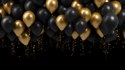 Wall Mural - Black Friday or Happy Birthday banner with black and gold balloons. Festive celebrating background with golden and black balloons with serpentine on dark background with copy space