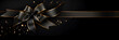 Black Friday black bow with long black ribbon on dark background. Black Friday Sale design. Decorative gold black bow with ribbons on dark shiny background. Festive banner, poster, logo