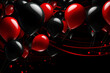 Red and black balloons. Black Friday banner or festive celebrating background with black and red balloons with serpentine on dark background with copy space. Happy Birthday or sales template