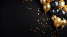 Black Friday Or Happy Birthday Banner With Black And Gold Balloons. Festive Celebrating Background With Golden And Black Balloons With Serpentine On Dark Background With Copy Space