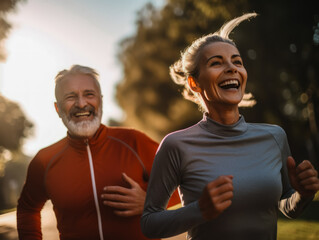 Wall Mural - A senior couple in love smiling happily and energetically is jogging together in the park. with the concept of elderly people running and exercising for good health