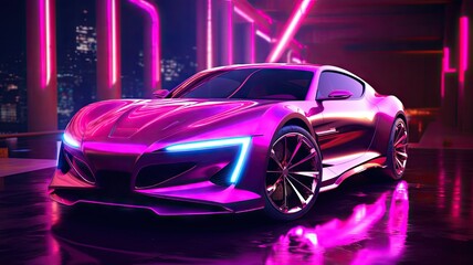 Wall Mural - Futuristic concept car with pink and blue cyberpunk neon light in the showroom background.