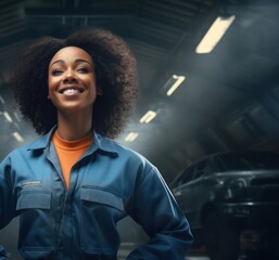 Wall Mural - Black Woman Mechanic Professional Employment Workplace Backdrop Generative AI