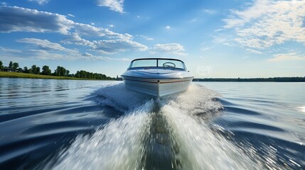 Canvas Print -  a speed boat speeding across the water on a sunny day.  generative ai