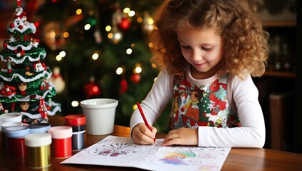 Cute little girl drawing in front of christmas tree at home