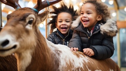 Wall Mural - happy african american kids riding reindeer on christmas market