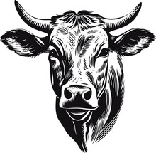 Cow Head With Horns Logotype Engraving Style Isolated Vector.