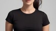 Black T-Shirt Mockup on Female Model. Blank Black T Shirt for Mockup on Lady Model. Black Round Neck Tee Design Template on Female Model.