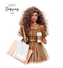 Beautiful African American Woman With Curly Hair. Girl With Shopping Bags And Paper Coffee Cup. Pretty Black Girl. Fashion Illustration 