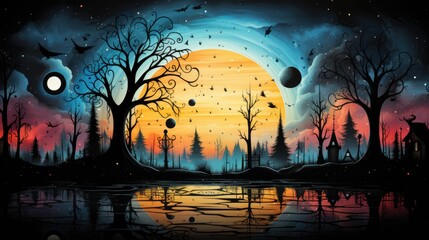 Wall Mural - A painting of a full moon over a forest. Fiction, made with AI.