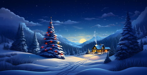 Christmas Tree Illuminating a Winter Night in a Snowy Landscape with a Village in the Distance