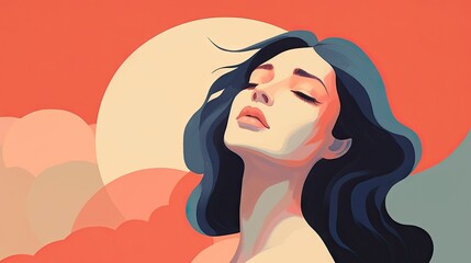 Wall Mural -  a painting of a woman with her eyes closed and her hair blowing in the wind.  generative ai