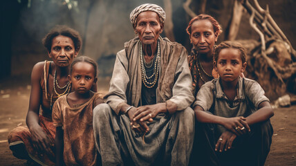 Wall Mural - family group photo of Ethiopian native tribal family.