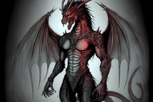Dragon Humanoid With A Human Face And Long Dark Hair Red Scaly Skin Muscular Two Horns On Forehead Pointy Frilled Ears Slit Reptile Eyes Clawed Hands Digitigrade Legs Long Dragon Tail And Wings 