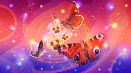 Wall Mural - Abstract collage with space, flowers and butterflies. Digital illustration