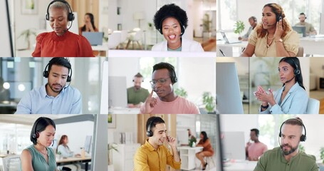 Wall Mural - Call center, collage and people in office for customer service, consulting and telemarketing company. Communication, diversity and men and woman talking for advice, help and CRM support on mosaic