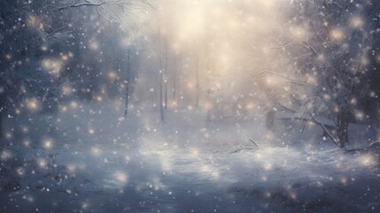 Sticker -  a painting of a snowy forest with a light shining through the trees.  generative ai