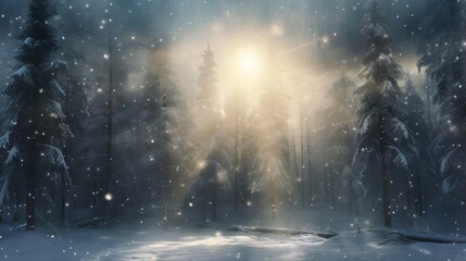 Sticker -  a painting of a snowy forest with a bright light shining through the trees.  generative ai