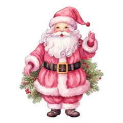 Wall Mural - Pink color toned Santa Claus, cartoon watercolor illustration, isolated on white background