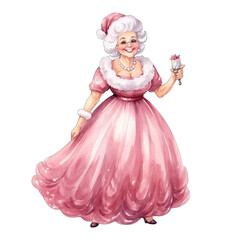 Wall Mural - Mrs. Santa Claus, dressed in a pink non-traditional dress for Christmas. Isolated white