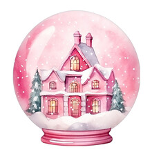 Pretty Pink Christmas Snowglobe With A House. Isolated Transparent Background