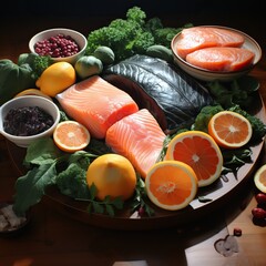 Wall Mural - a plate of food with fish and fruits