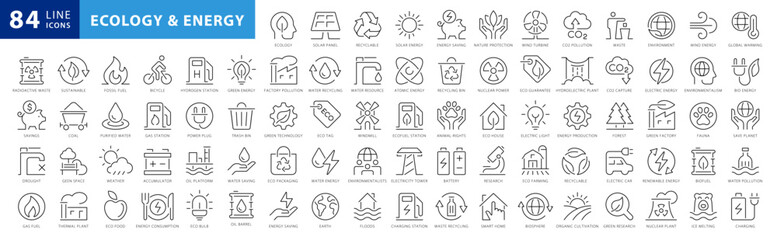 Wall Mural - set of green energy thin line icons. black and white icons for renewable energy, green technology. d