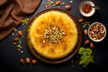 Oriental Arabic sweets cake kunafa with cheese and pistachios