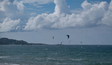 Italian Bay In Adriatic Sea With Kite Surfers In Gargano Near Vieste, Italy
