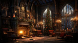 Fototapeta Londyn - Cozy Christmas Tree and Fireplace
