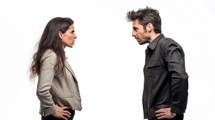 Mid aged couple yelling at each other isolated on white,  studio shot, concept for marriage problem, temper control and human relationships.