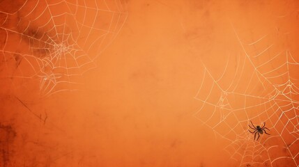 Shabby orange wall with cobwebs in the corners and a spider. Halloween theme bright copy space background.