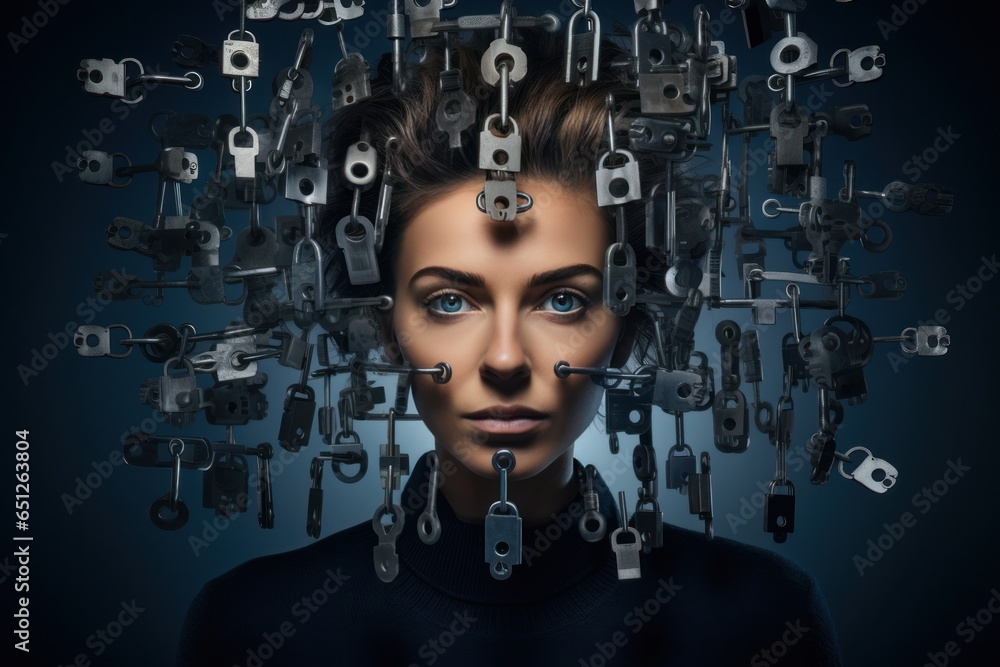 A woman with a multitude of keys balancing on top of her head. This ...
