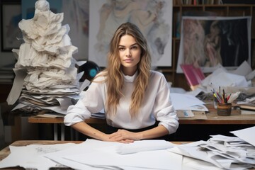 Wall Mural - A woman is sitting at a desk surrounded by a pile of papers. This image can be used to represent office work, paperwork, organization, or stress in the workplace.