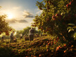 people picking apples in an orchard against the sun