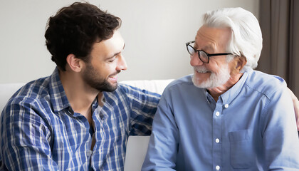 Adult hipster son fun old senior father at home, two generations talking together and relaxing.