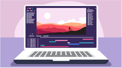 laptop with video processing editor. Video editing software on the monitor display.
