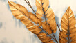 Gold feathers on a textured background. 3d rendering, 3d illustration. Ai generative.