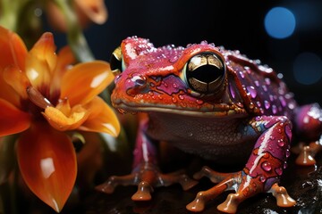 A bright pink and purple frog is sitting in front of an orange flower. The frog has large black eyes and is looking at the camera. The flower has three petals and is open