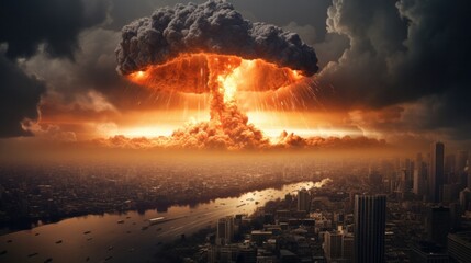 An explosive nuclear detonation, resulting in a catastrophic mushroom cloud, occurring over a city during a nuclear war or atomic bomb event