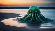 Mysterious Monster Cthulhu In The Sea, Huge Tentacles Sticking Out Of The Water, Landscape. 3d Illustration