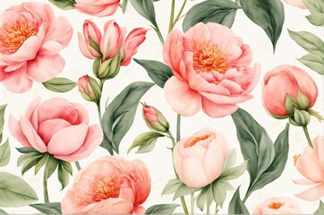 Wall Mural - Boho-Style Vintage Peonies and Foliage for Textiles and Backgrounds