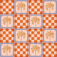 Wall Mural - Retro chess pattern with  palm leaves. A collection of groovy cliparts from 70s, 60s.