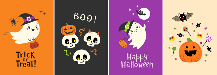 Vector set of Halloween prints perfect for trick or treat bags, posters, banners, invitations for children. Cute kids design with pumpkins, ghosts, skulls and bats. 