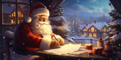 Santa Claus writes letters to children against a beautiful Christmas background. Beautiful magical Christmas postcard. Cartoon Christmas atmosphere! Happy New Year and Merry Christmas