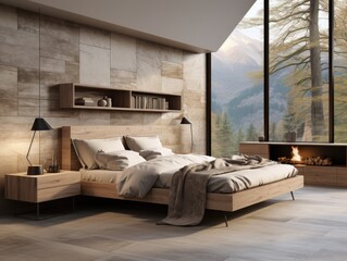 Wall Mural - interior design of bedroom with big window and warm white color tone