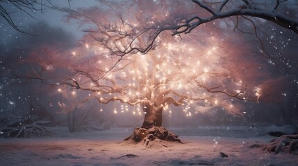 Sticker -  a tree with a lot of lights on it in the snow.  generative ai