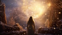  a woman standing in a snowy forest looking at a fireworks.  generative ai